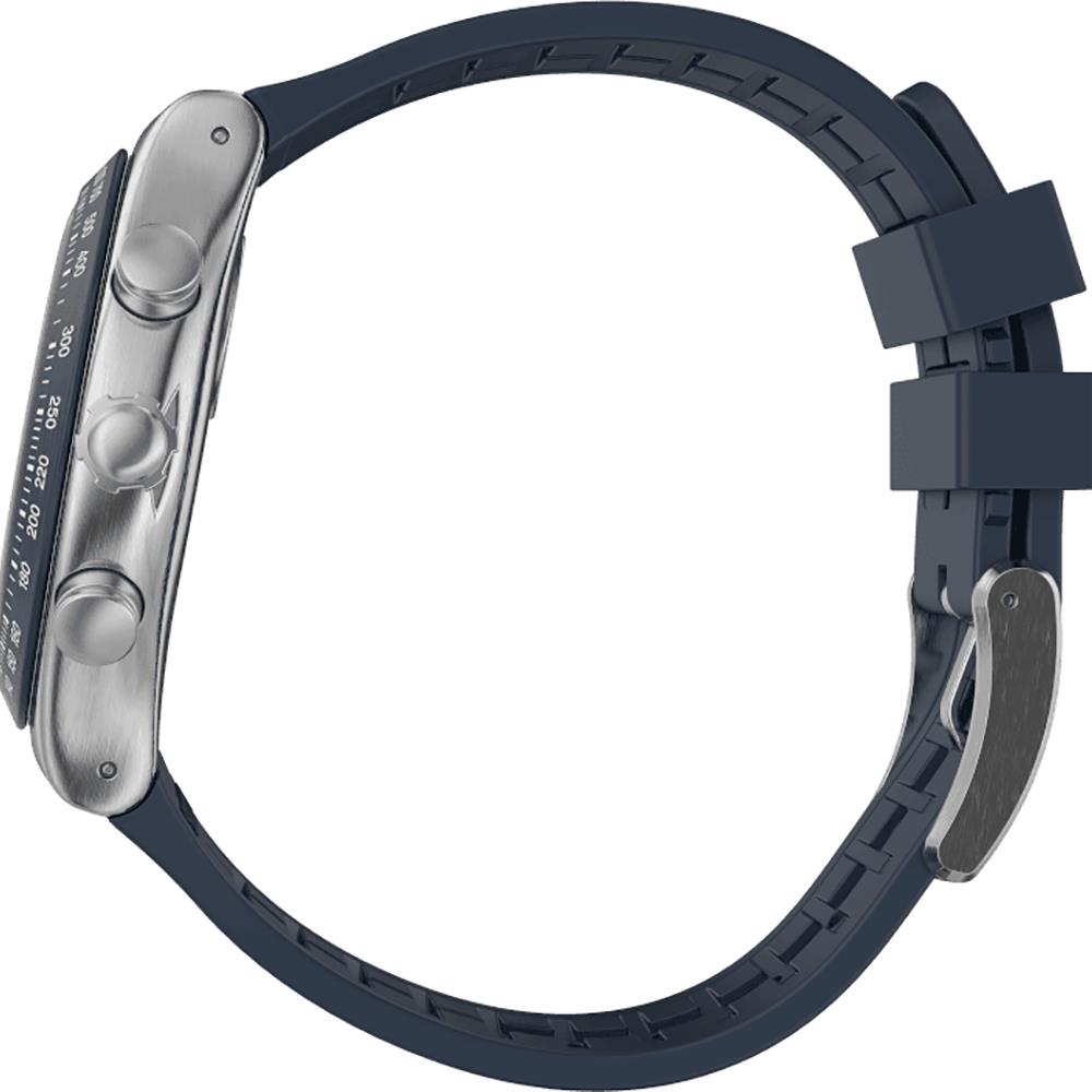 Blue chronograph watch with dark blue silicone strap, silver case side view