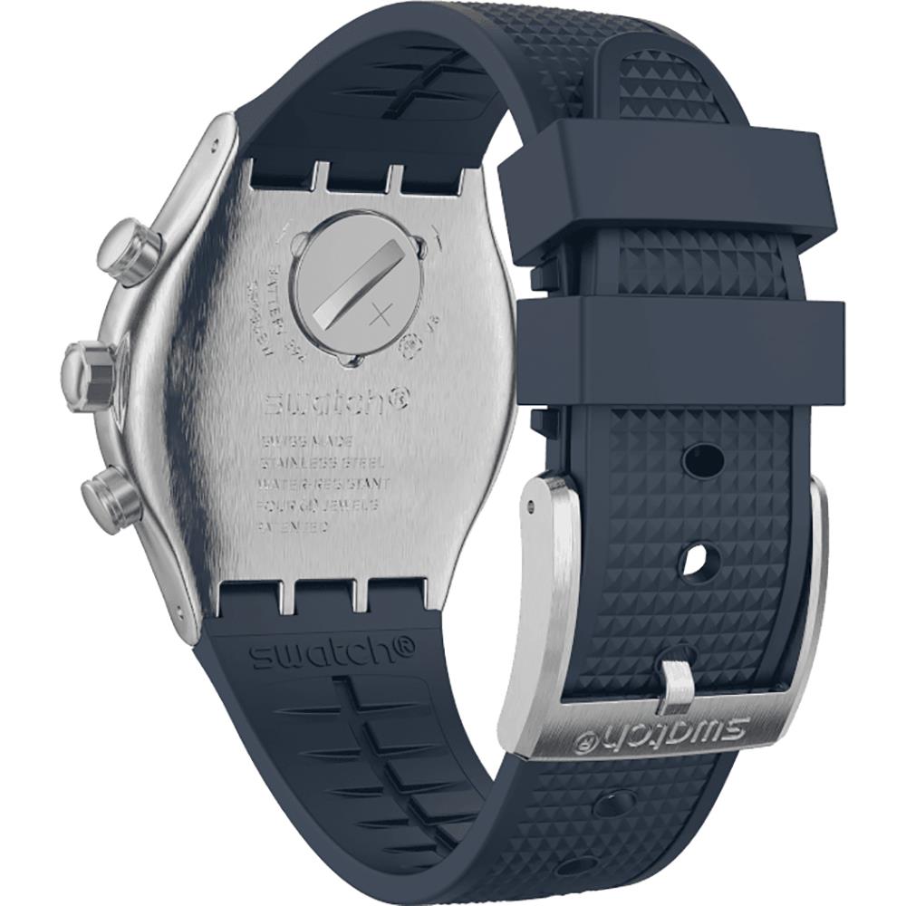 Blue chronograph watch case and clasp with textured blue silicone strap