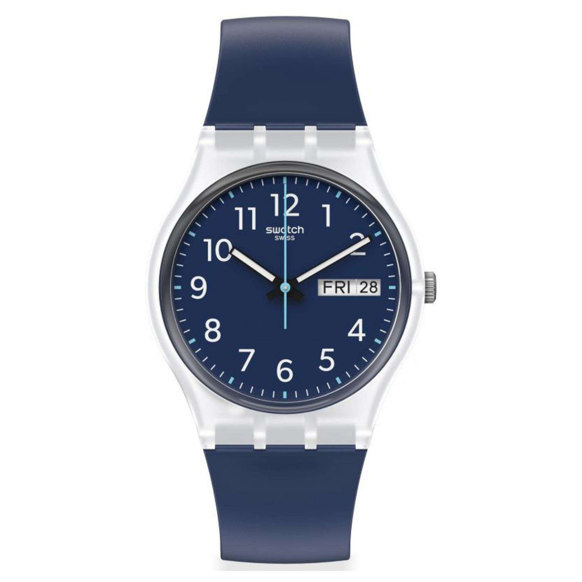 Navy blue dial wristwatch with white case and blue silicone strap, date display