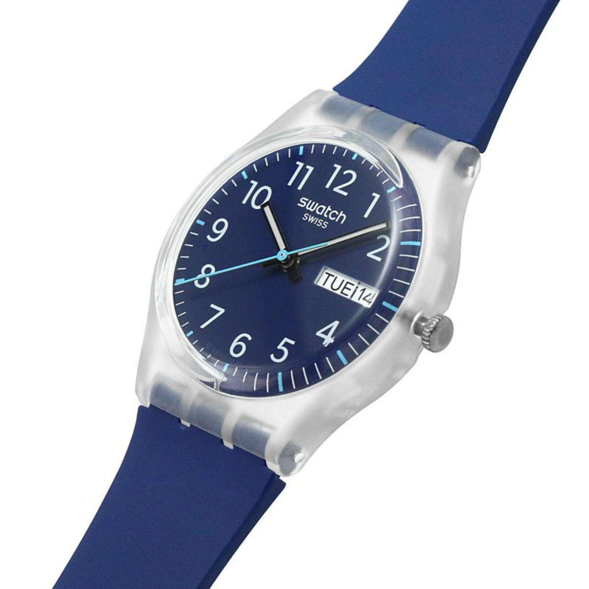 Navy blue dial wristwatch angled view with blue strap and silver-toned bezel, date window