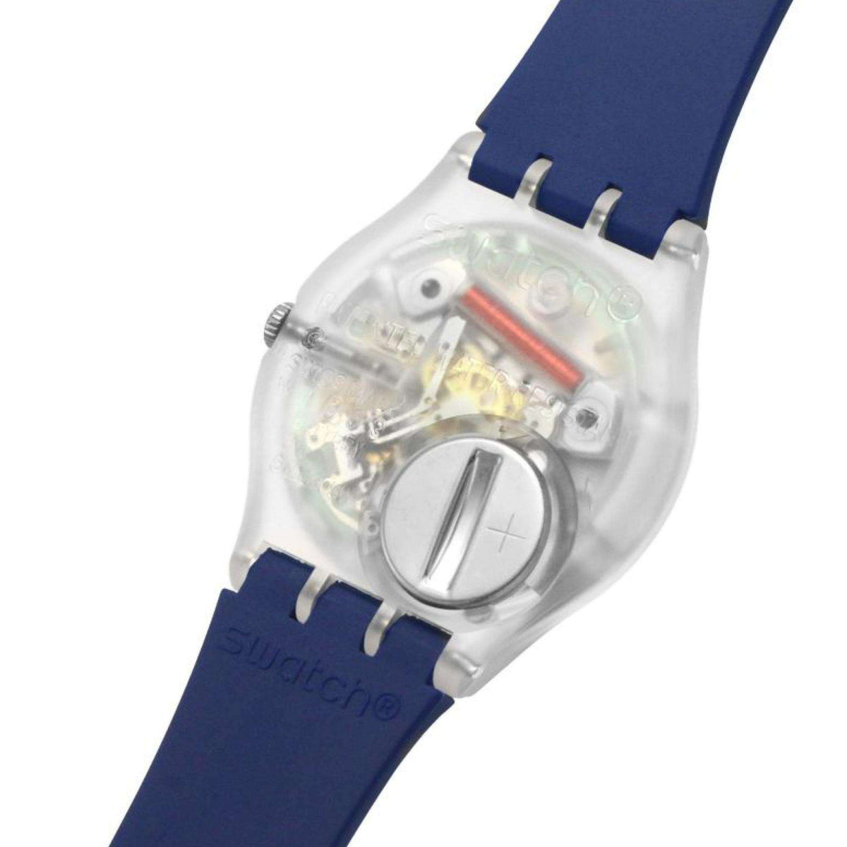 Clear caseback wristwatch showing internal mechanism, blue strap with metal buckle