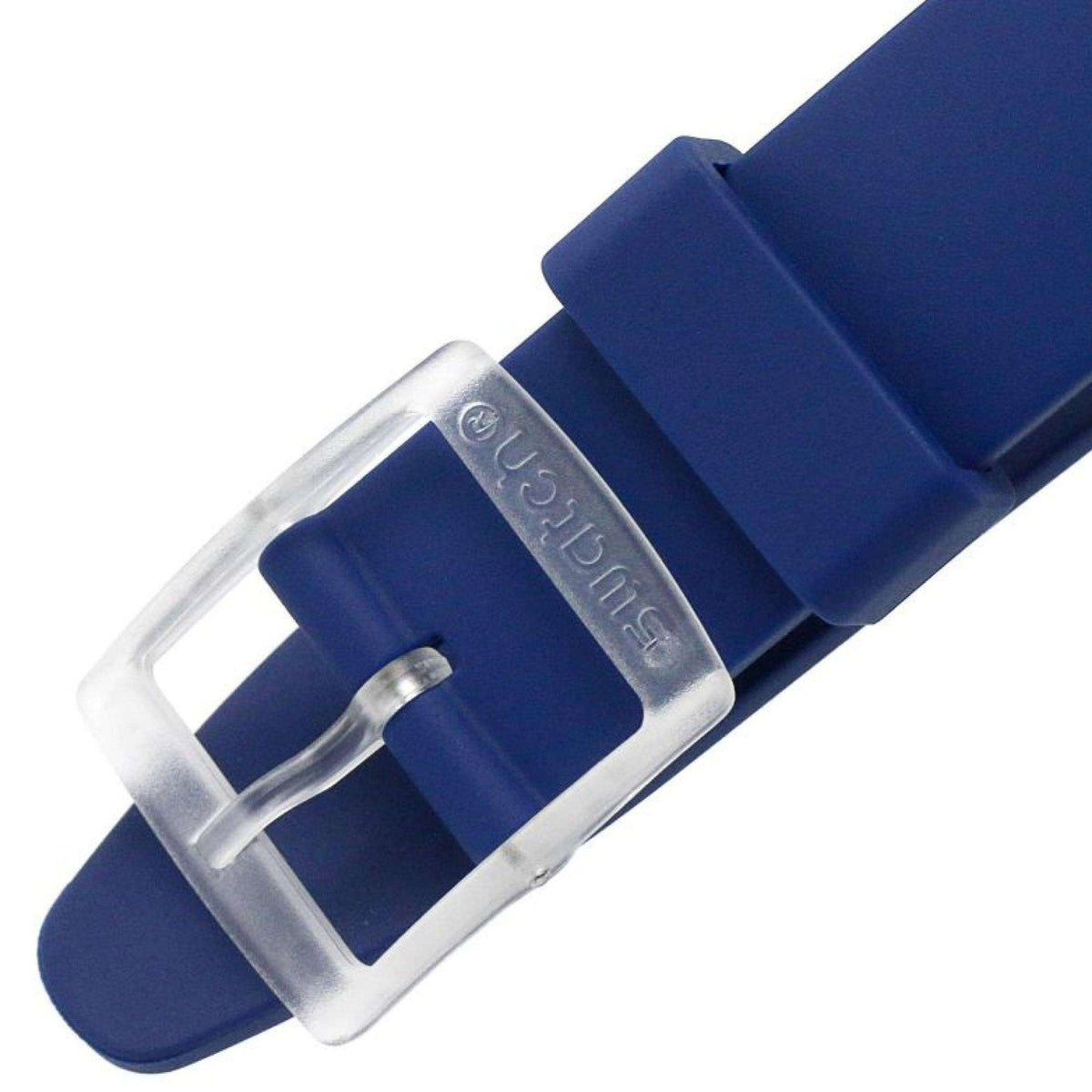 Blue silicone watch strap with silver buckle and engraved logo plate