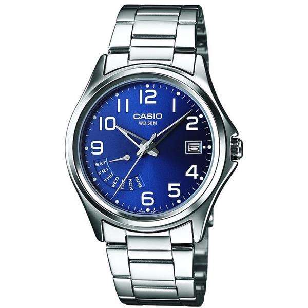 Men's stainless steel bracelet watch with blue dial, silver bezel, analog display