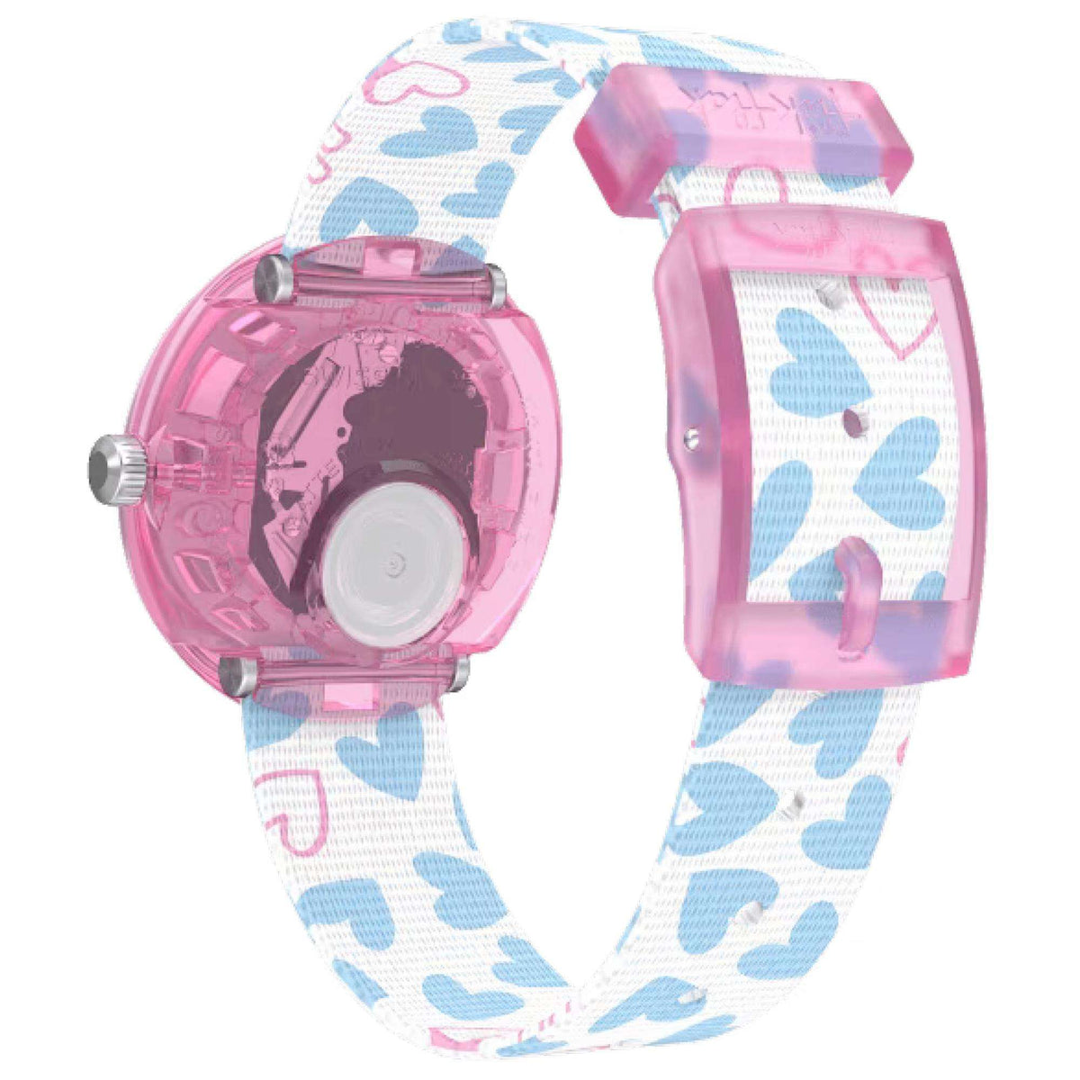 Kids analog watch with transparent pink case view and heart pattern fabric strap