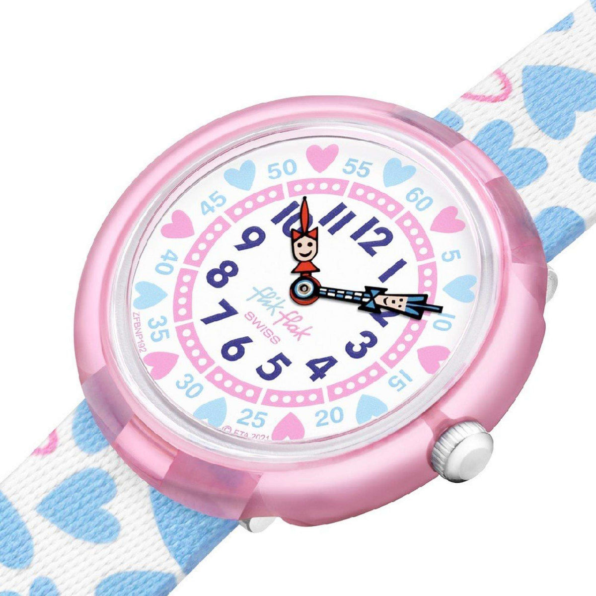Kids analog heart watch with pink bezel, blue hearts strap, numbers and character hands