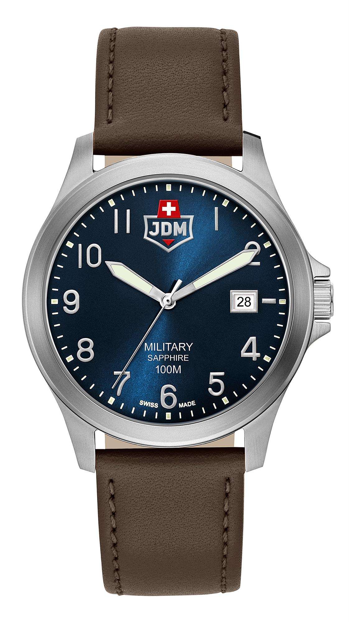 Blue dial watch with brown leather strap, MILITARY text, date 28