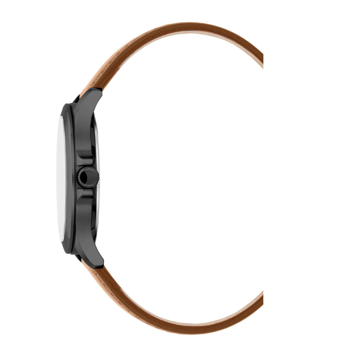 Black watch case side profile with crown and lugs; tan leather strap.