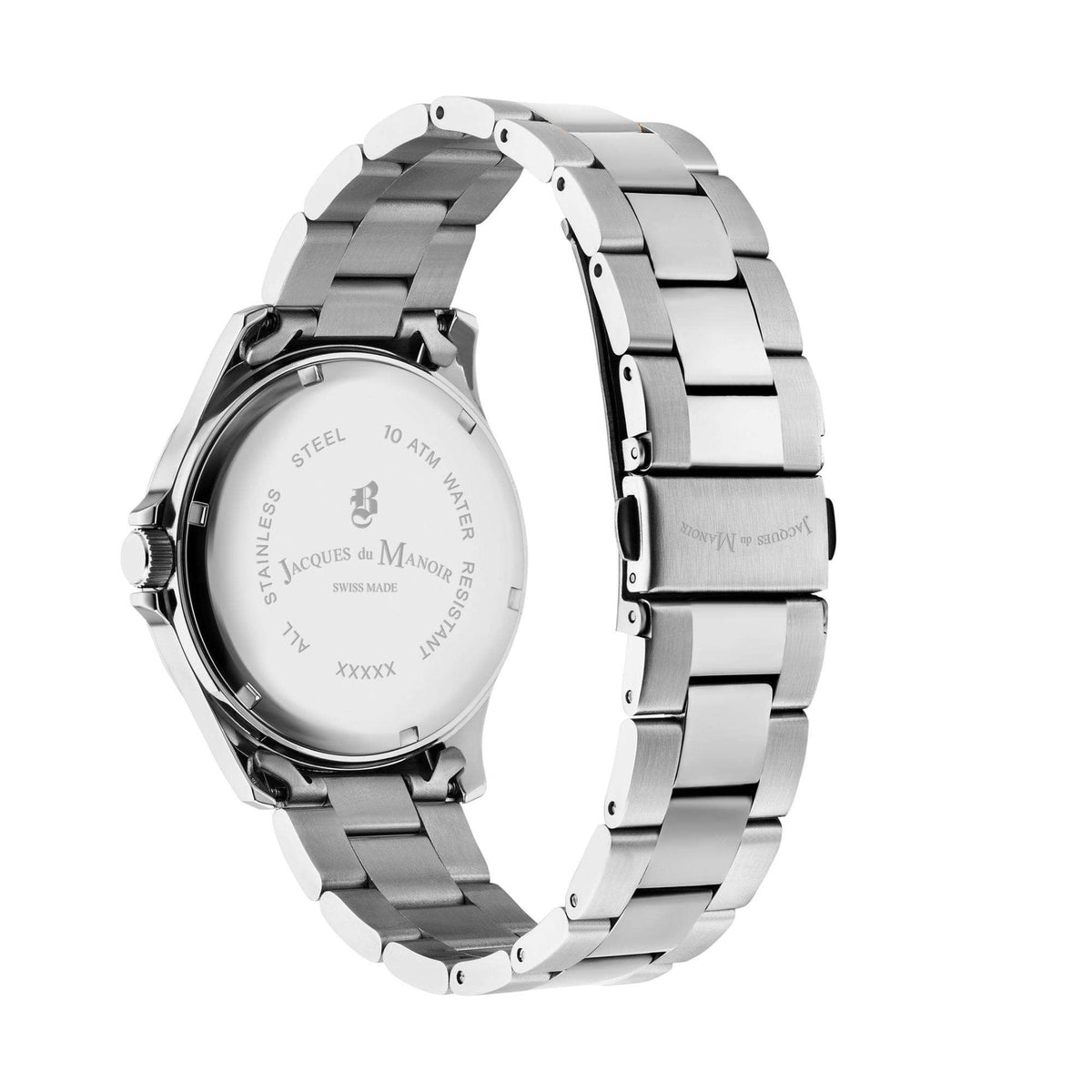 Men's stainless steel watch caseback with engraved markings and linked metal bracelet