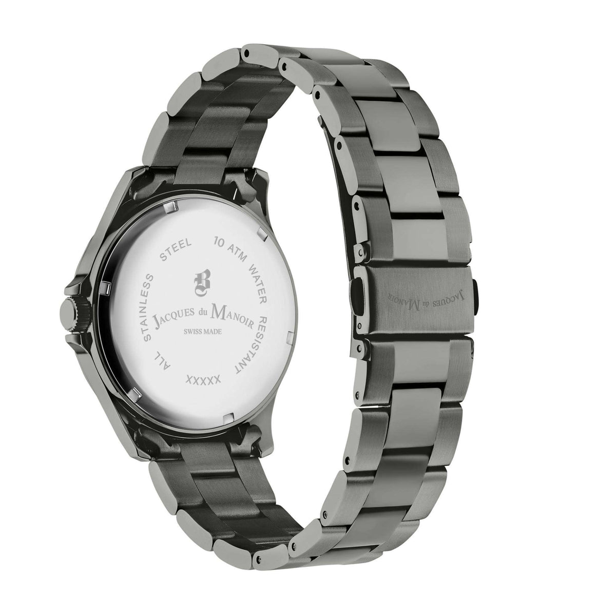 Men's watch case back view on stainless steel bracelet with water-resistance text