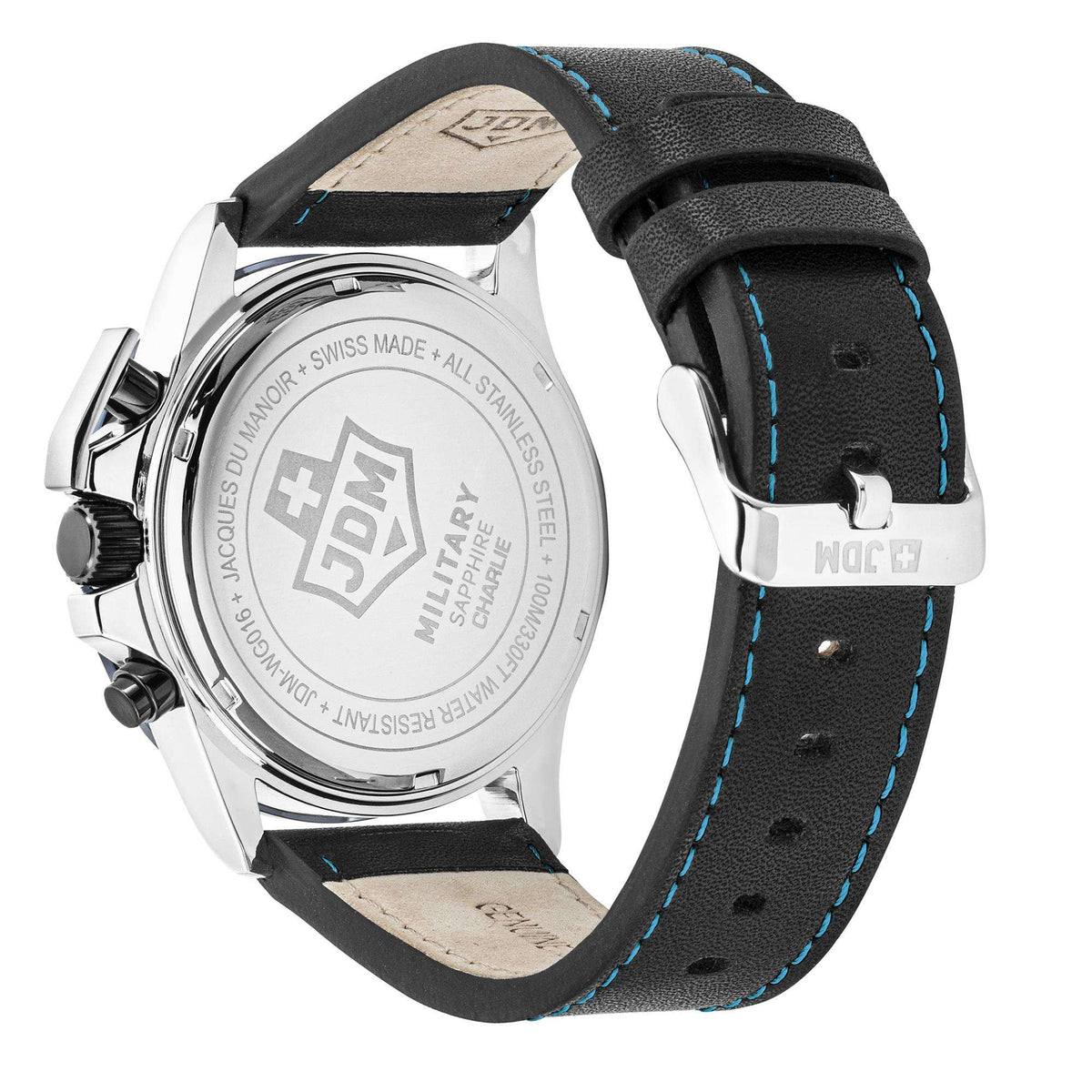 Stainless steel caseback watch with black leather strap and blue contrast stitching