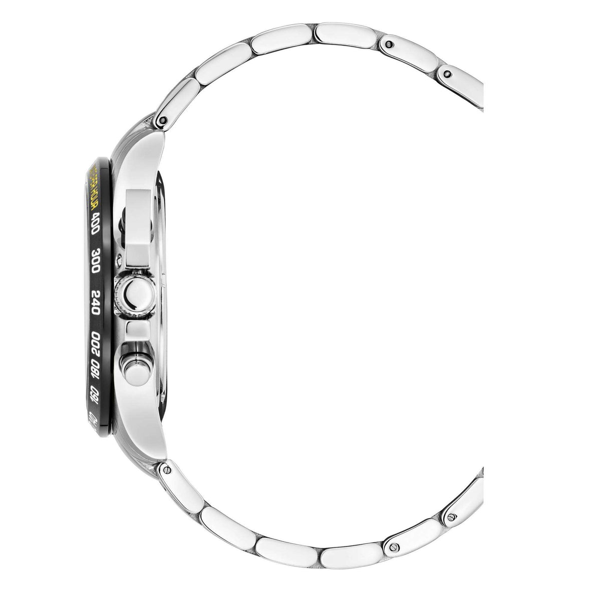 Men's stainless steel watch, side view with link bracelet and bezel markings