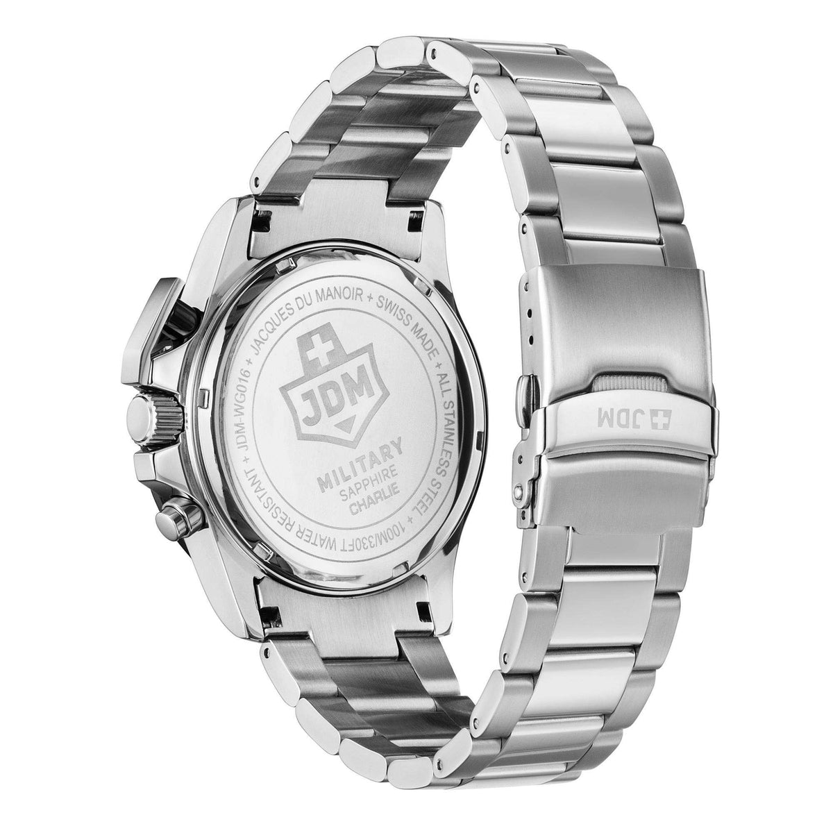 Men's stainless steel bracelet watch caseback with JDM Military cross emblem