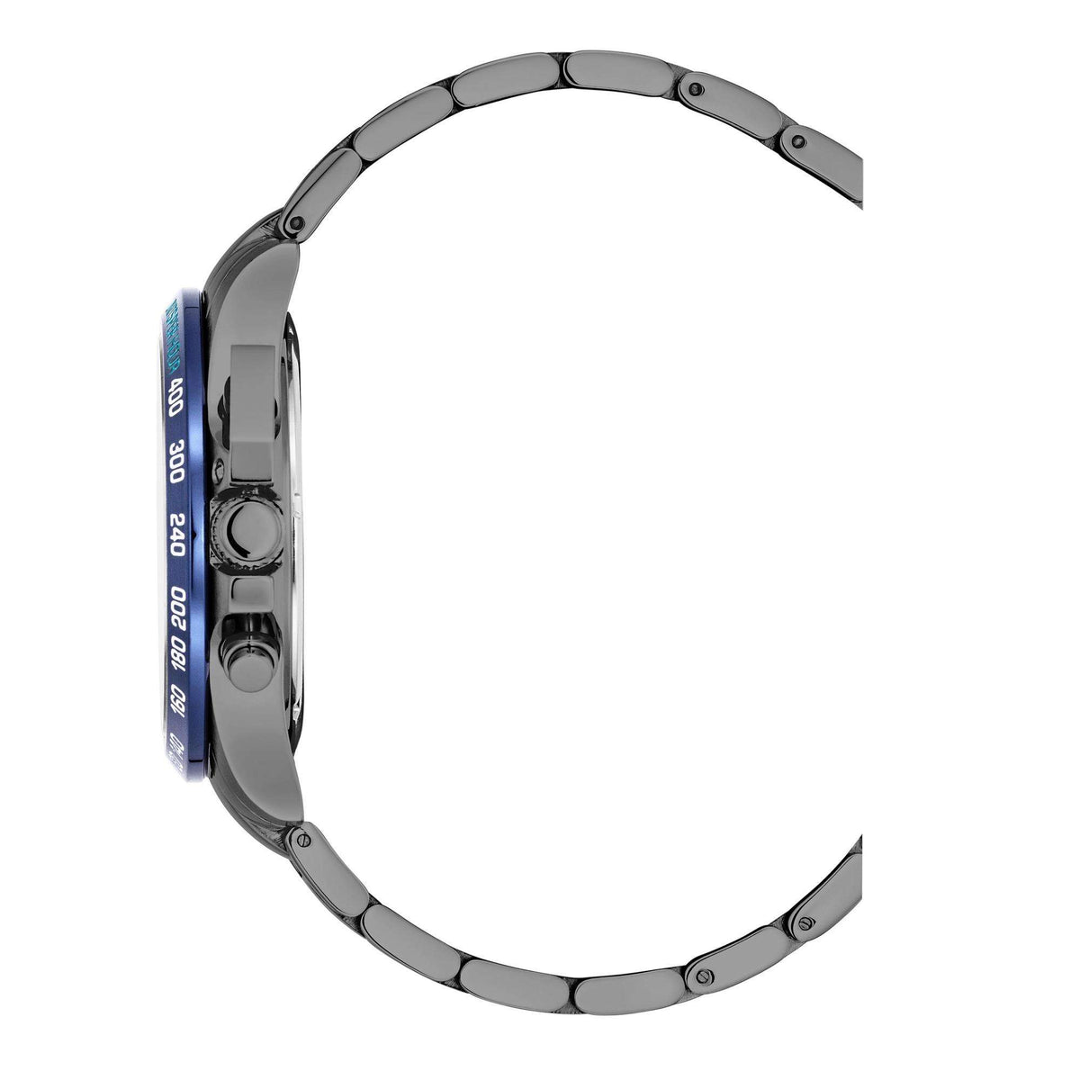 Men's military-style steel watch side view with blue minute markers and metal links