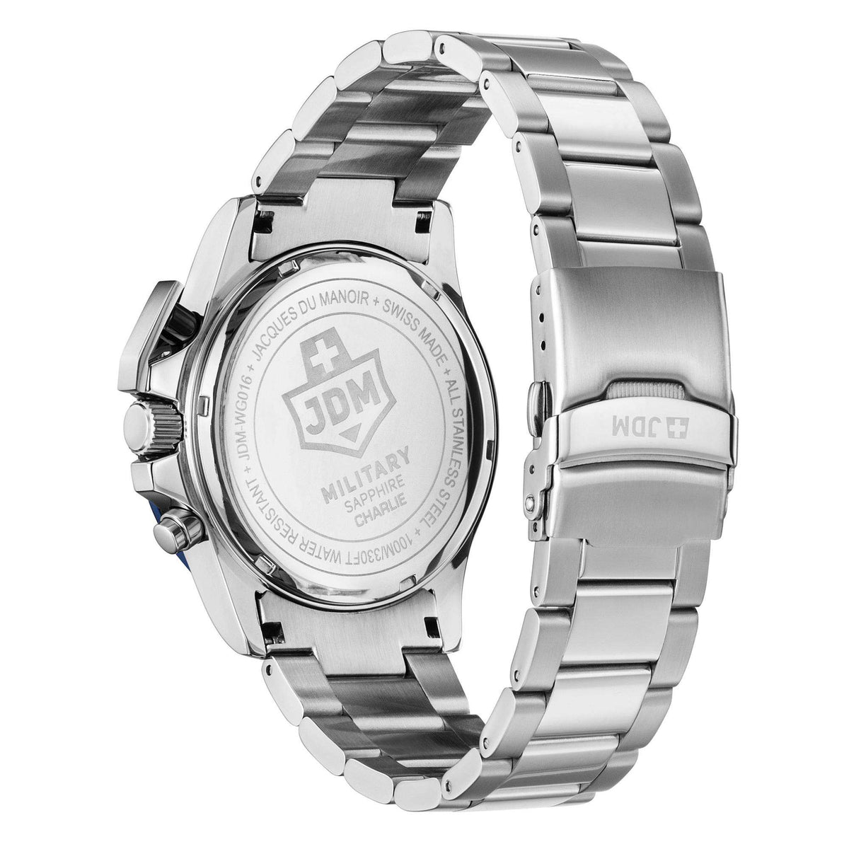 Stainless steel watch caseback with engraved military insignia and link bracelet