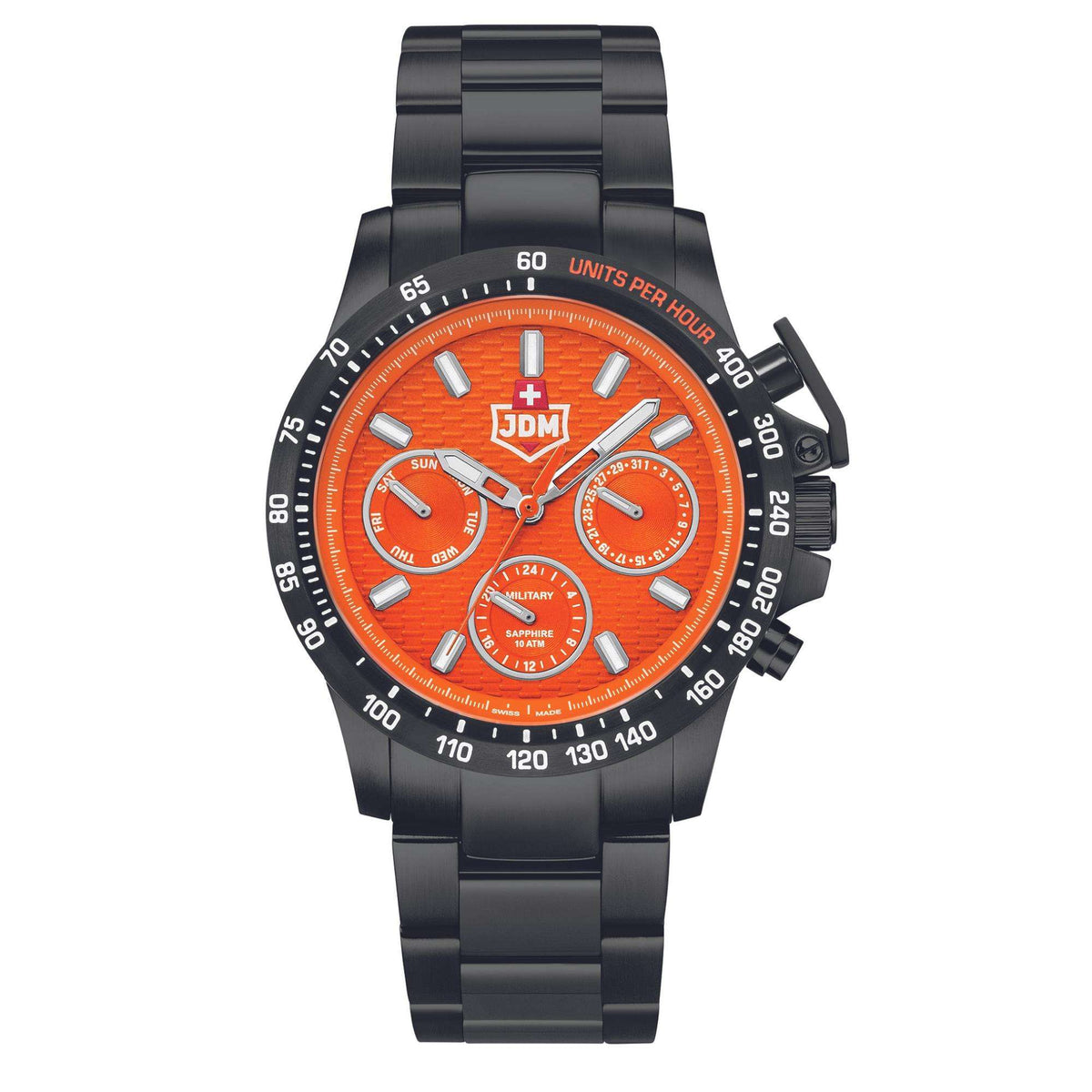 Black wristwatch with orange dial, three subdials, and metal link bracelet