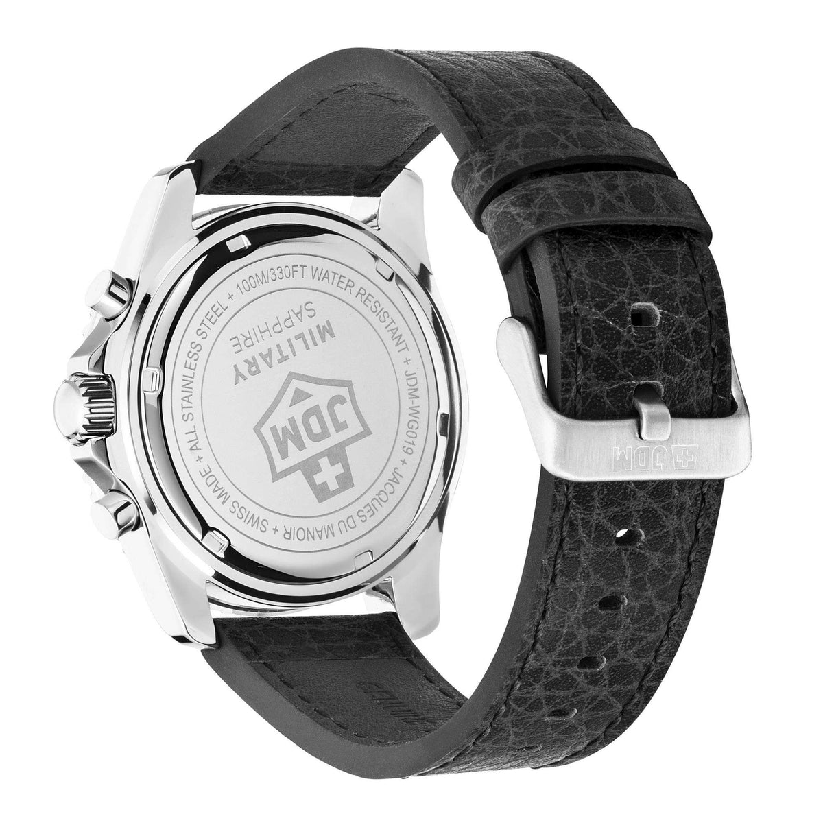 Men's watch with engraved caseback and black leather strap