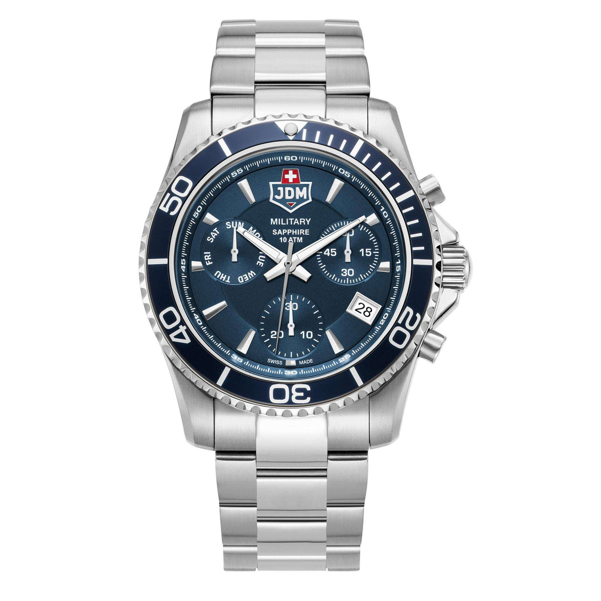 Men's steel bracelet watch with blue dial, chronograph subdials, and blue bezel