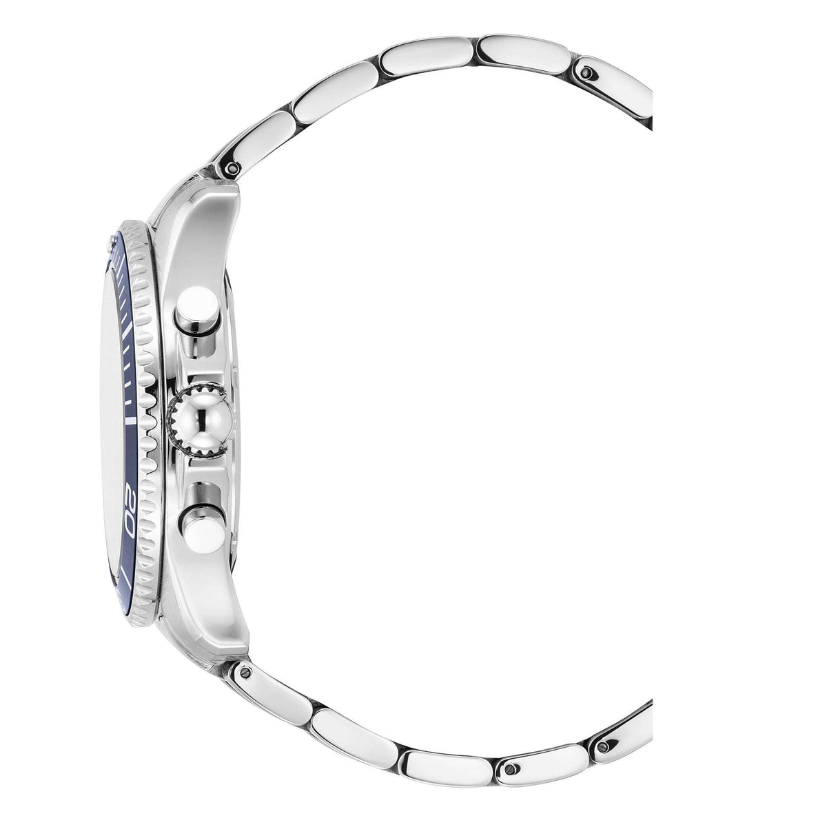 Men's steel bracelet watch with blue-accent bezel and side crown, brushed case