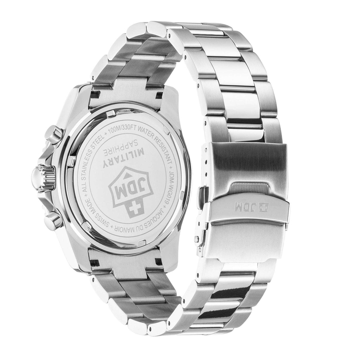 Men's steel bracelet watch caseback view with engraved markings and bracelet links