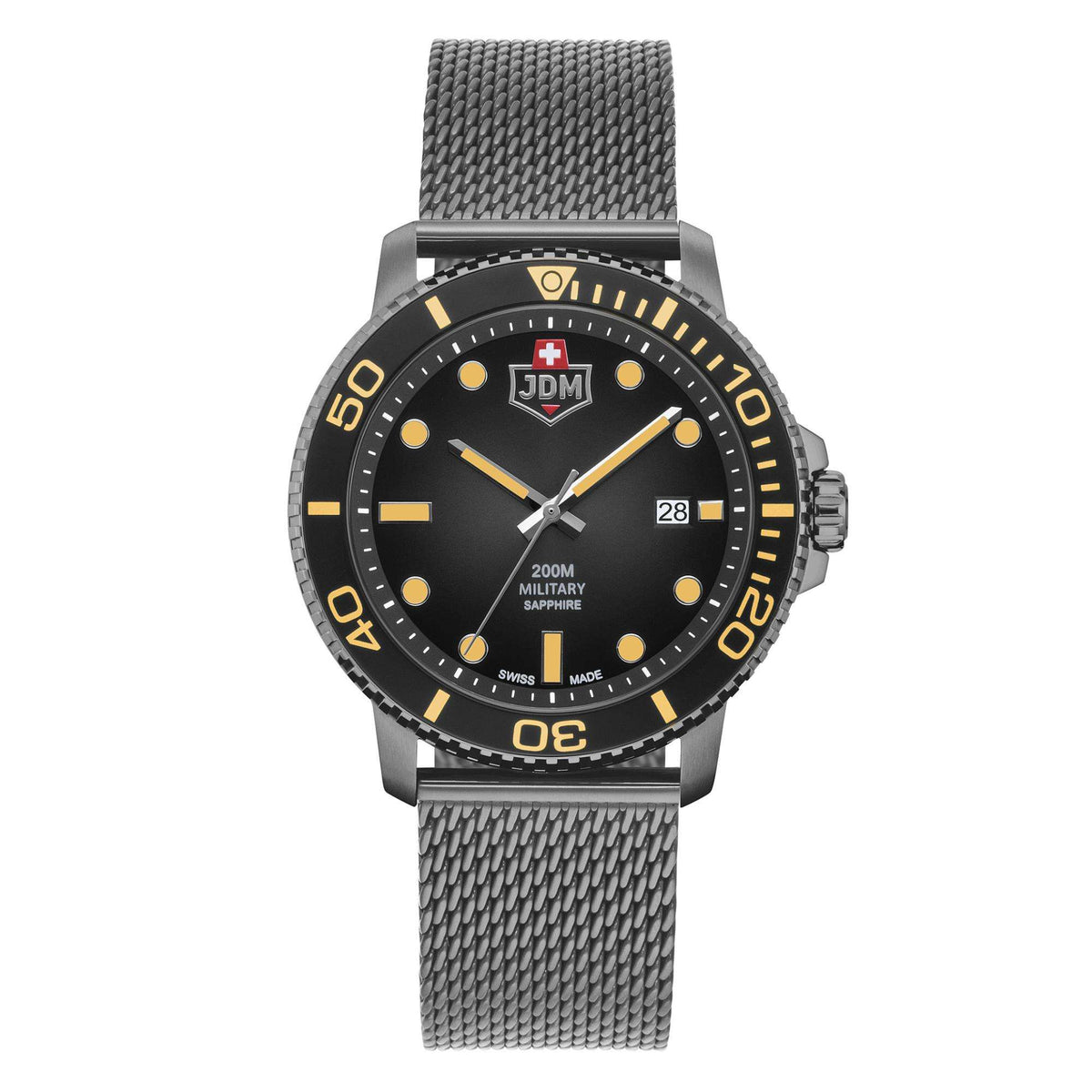Men's tactical dive watch with black dial, yellow markers, and gray steel mesh bracelet