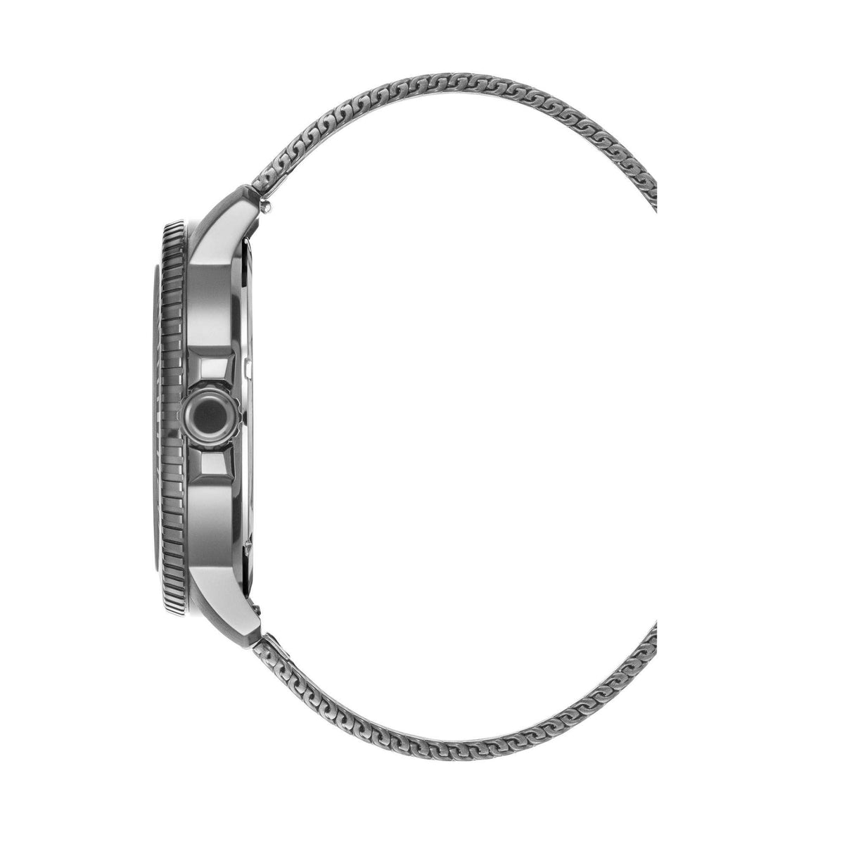 Stainless steel watch case and gray mesh bracelet, side profile