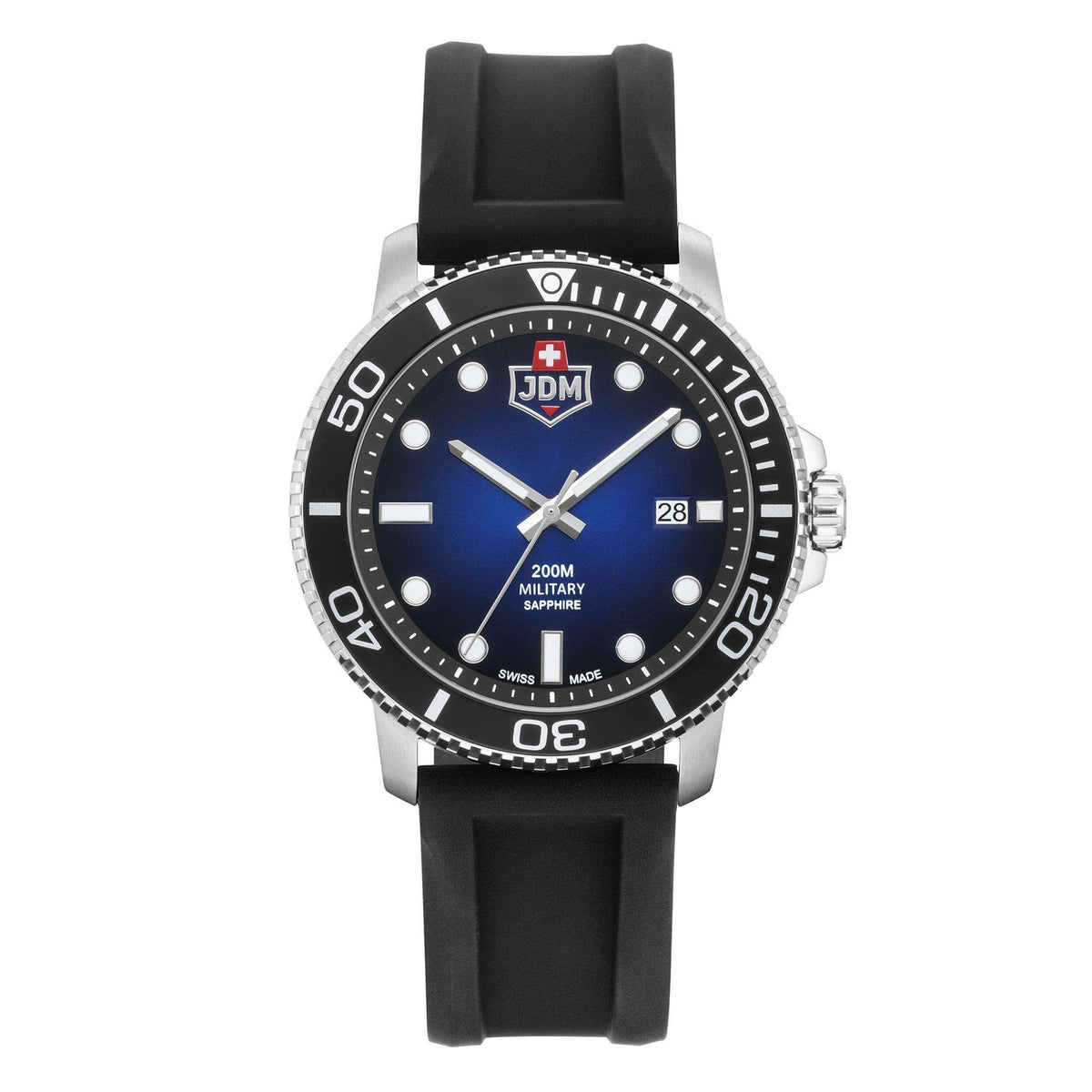 JDM men's military watch, black bezel and blue dial, date window, silicone strap