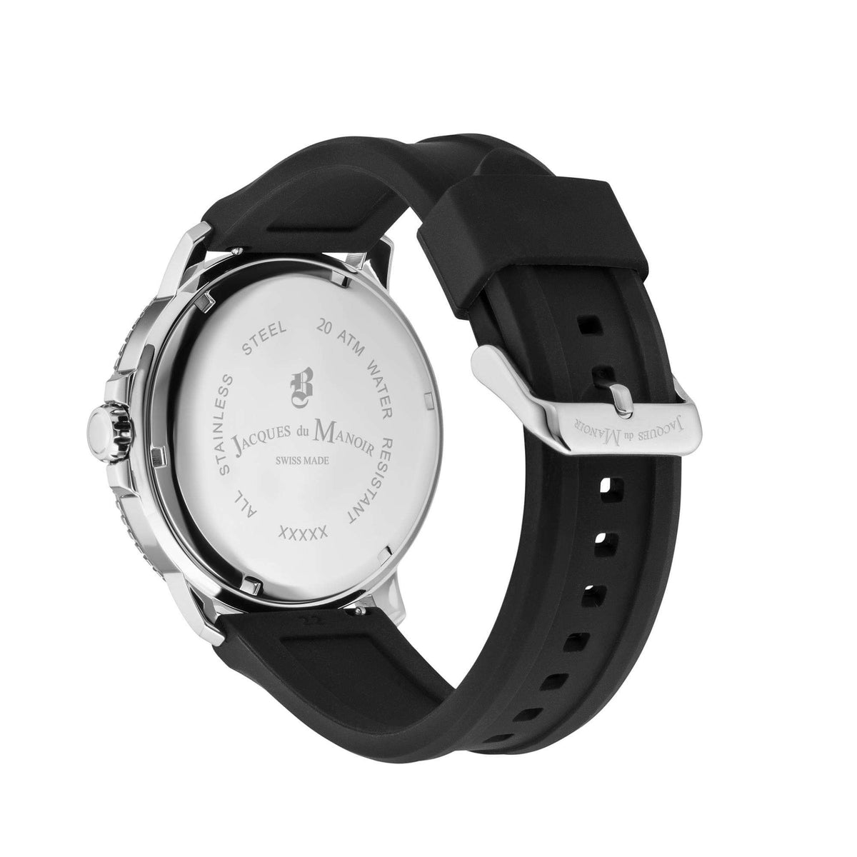 JDM men's military watch, black silicone strap with silver case back, side angle