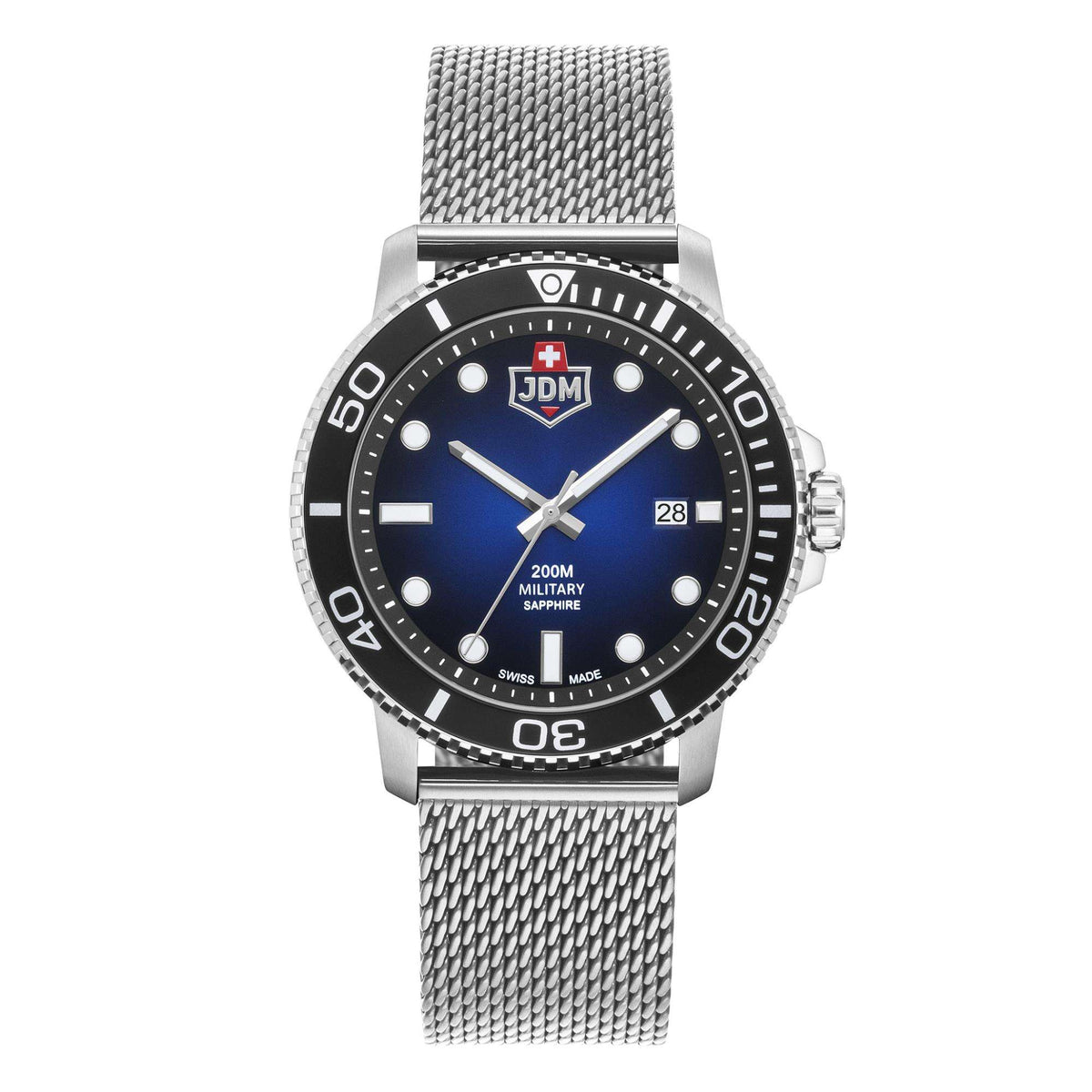 Men's steel mesh bracelet watch with blue dial and black dive bezel, silver hands