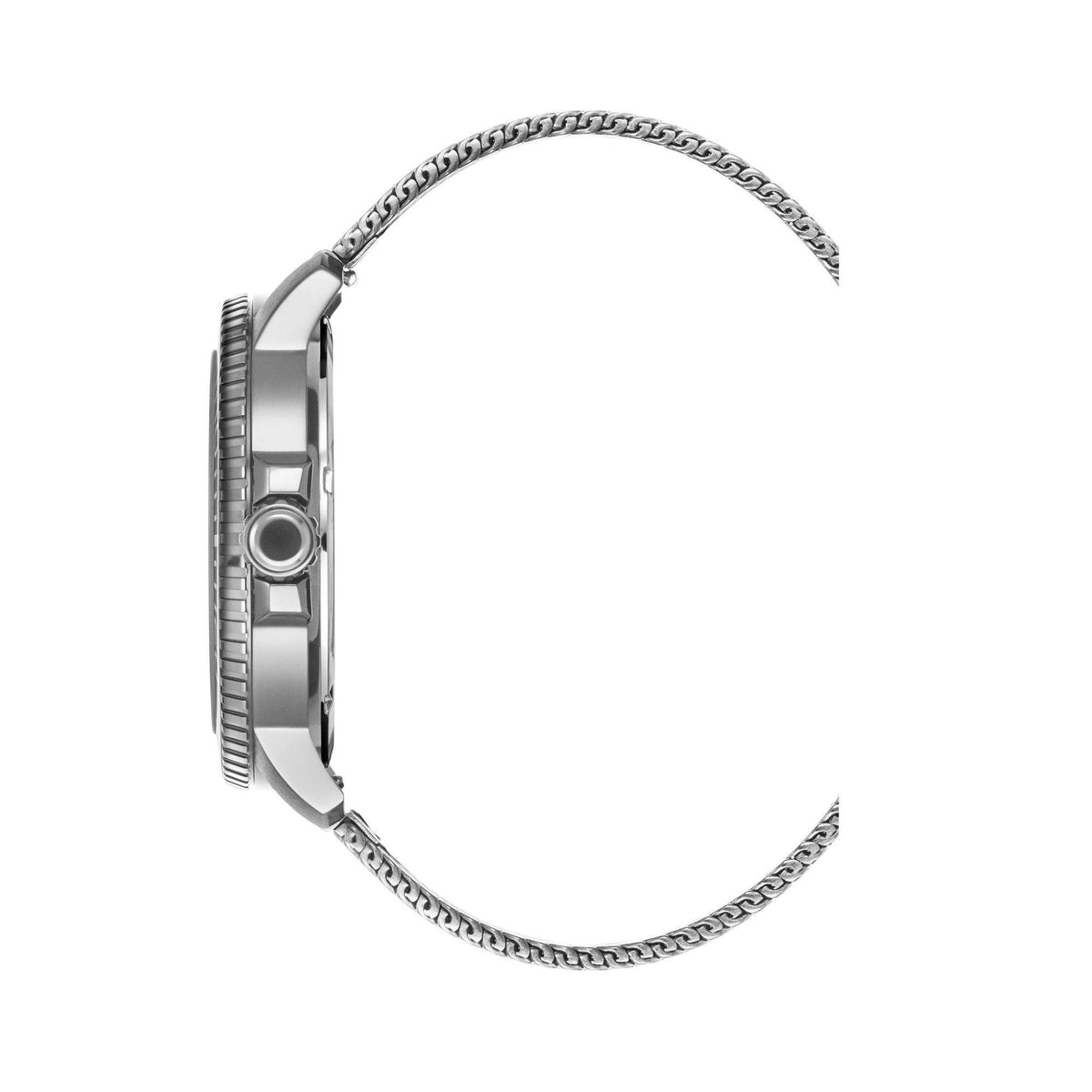Men's stainless watch case side view with crown and linked steel mesh bracelet