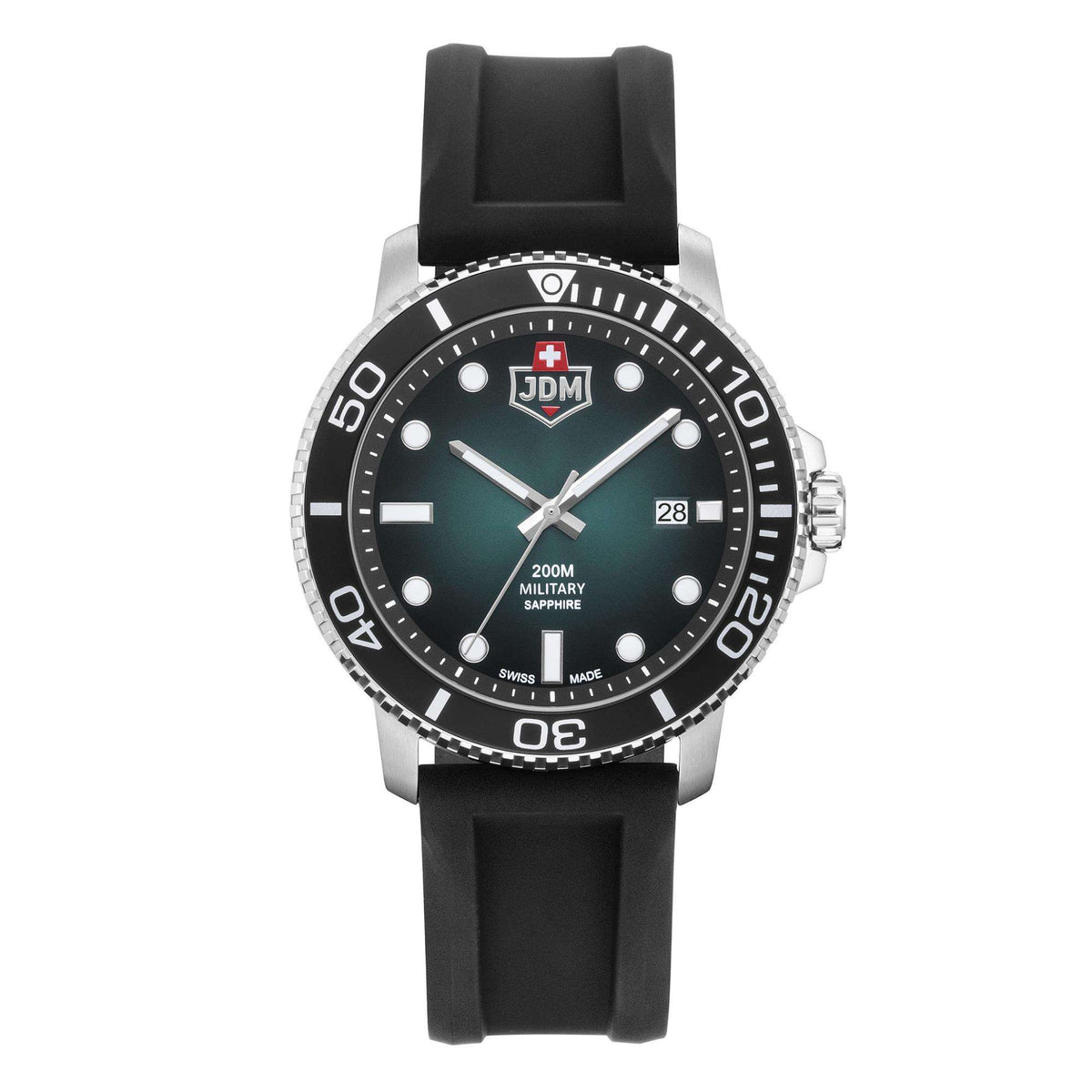 Men's diver watch with black silicone strap, black dial, green center, silver bezel