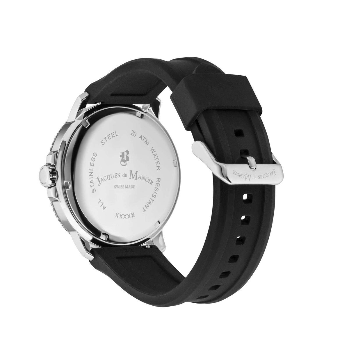 Stainless steel caseback with engraving, black silicone strap with perforations