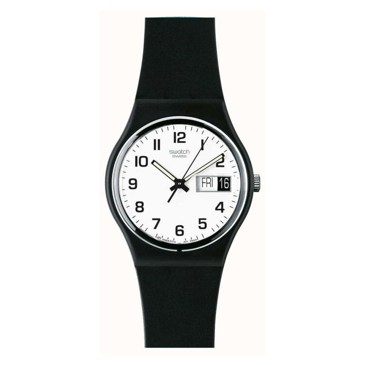 Black silicone strap wristwatch with white dial and day/date window at 3 o'clock