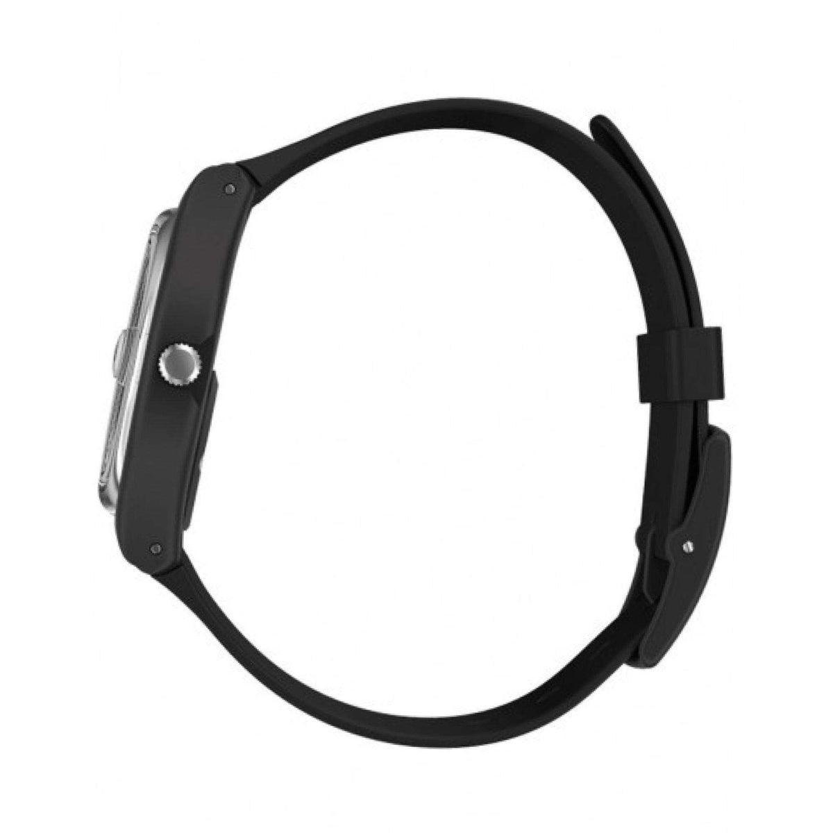 Black silicone strap wristwatch side view showing crown and case profile