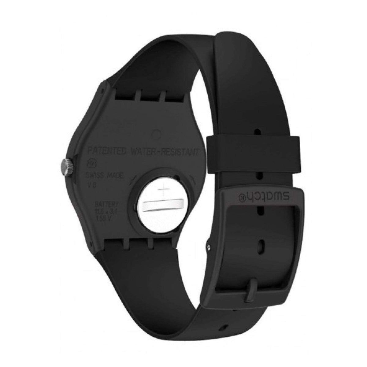 Black rubber wristwatch shown from back and side with strap and case markings