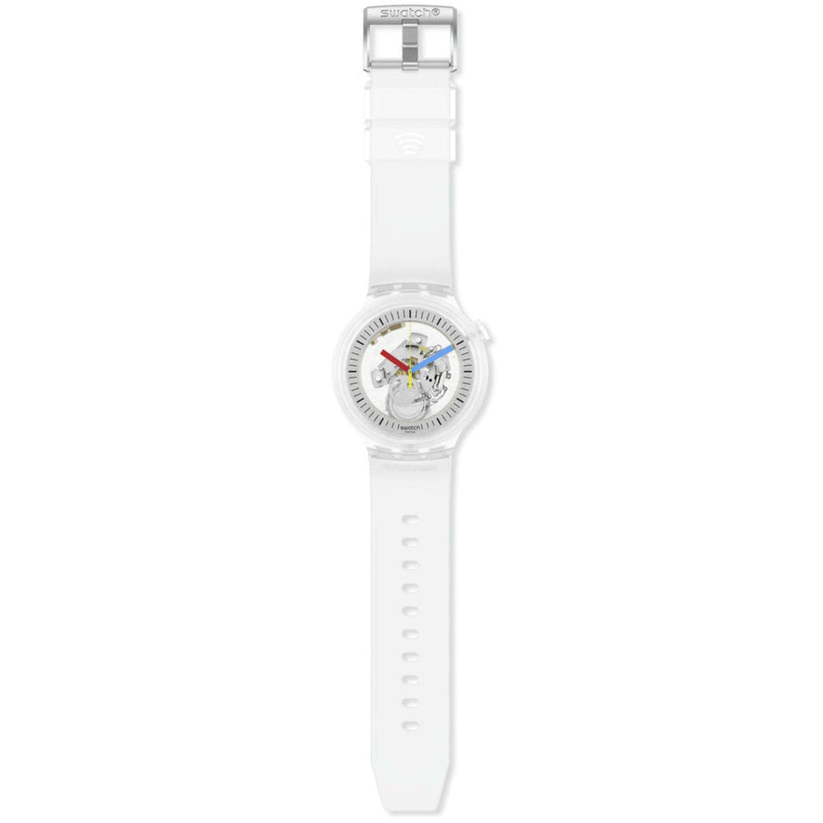 Swatch CLEARLY PAY! transparent watch on clear white strap with rectangular clasp