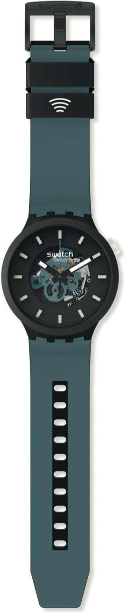 Analog watch side view: black case, teal silicone strap with buckle holes.