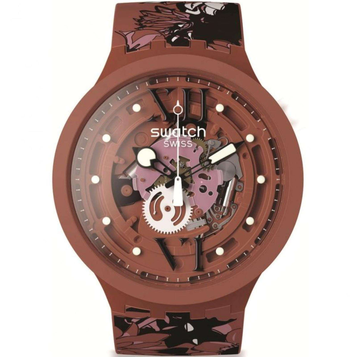 Brown Swatch watch with round dial, skeleton-style hands and light marker indices