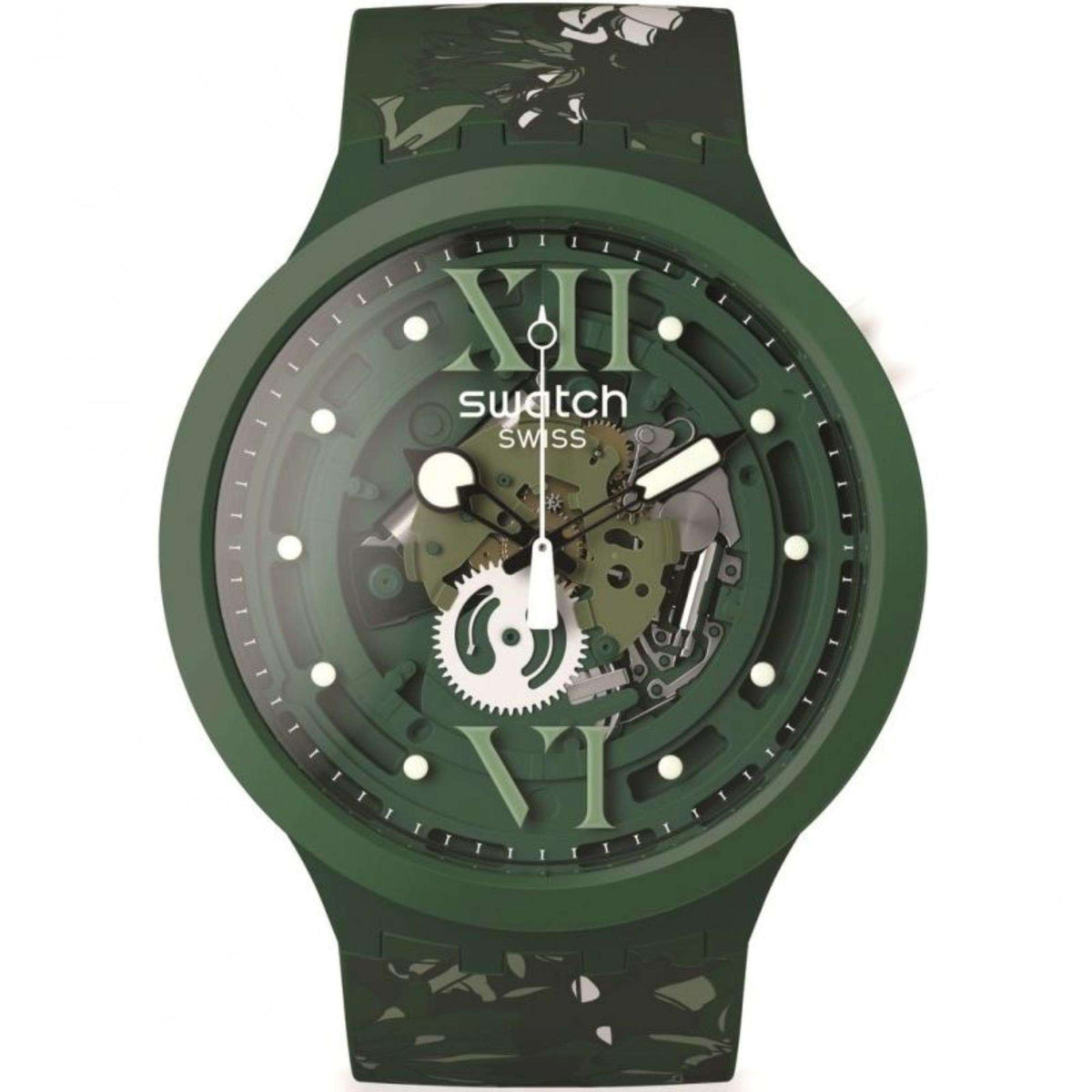Swatch bioceramic watch in dark green with camo dial, round bezel, and luminous markers