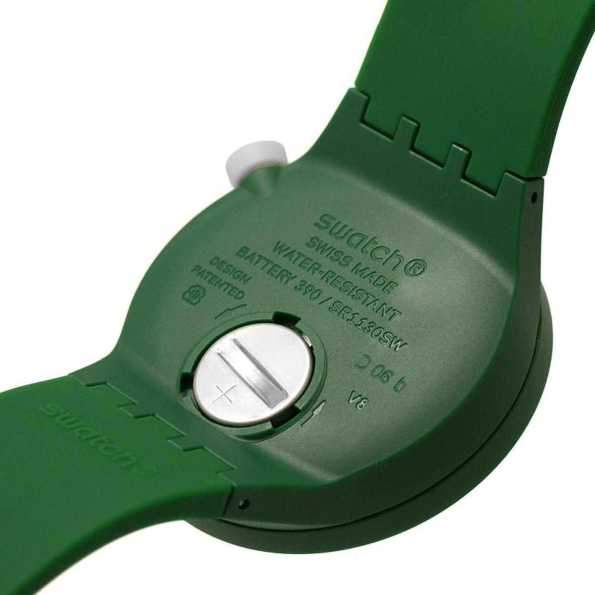 Swatch bioceramic watch case back in dark green with crown button and printed markings