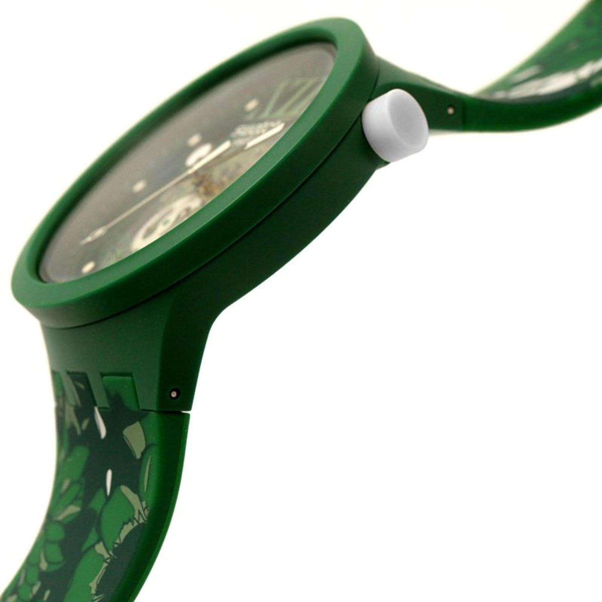 Swatch bioceramic watch side with crown detail and dark green round case edge