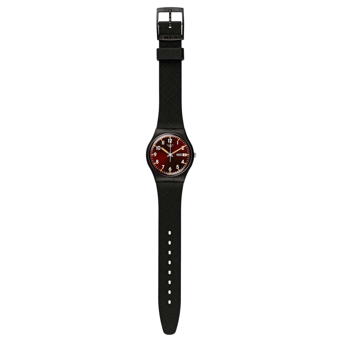 Black textured watch strap with round red dial and date window