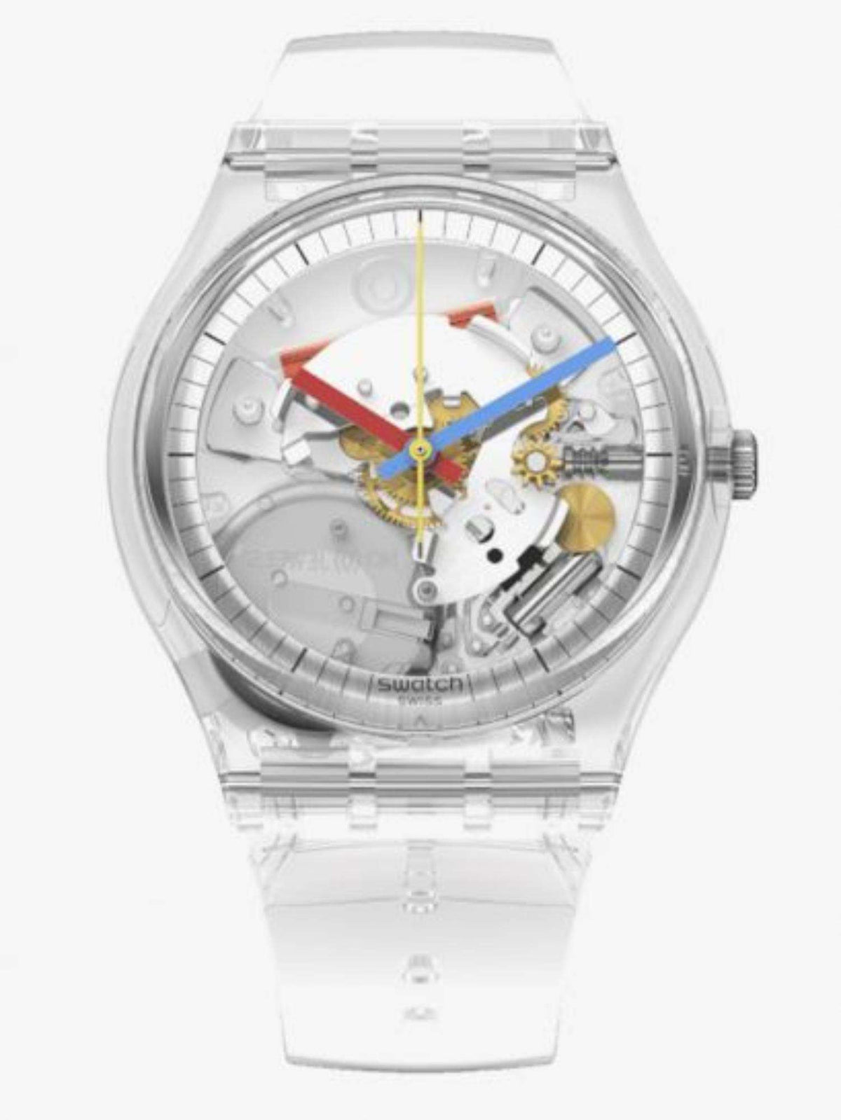 Swatch CLEARLY GENT Original watch angled view; transparent white strap, colorful dial