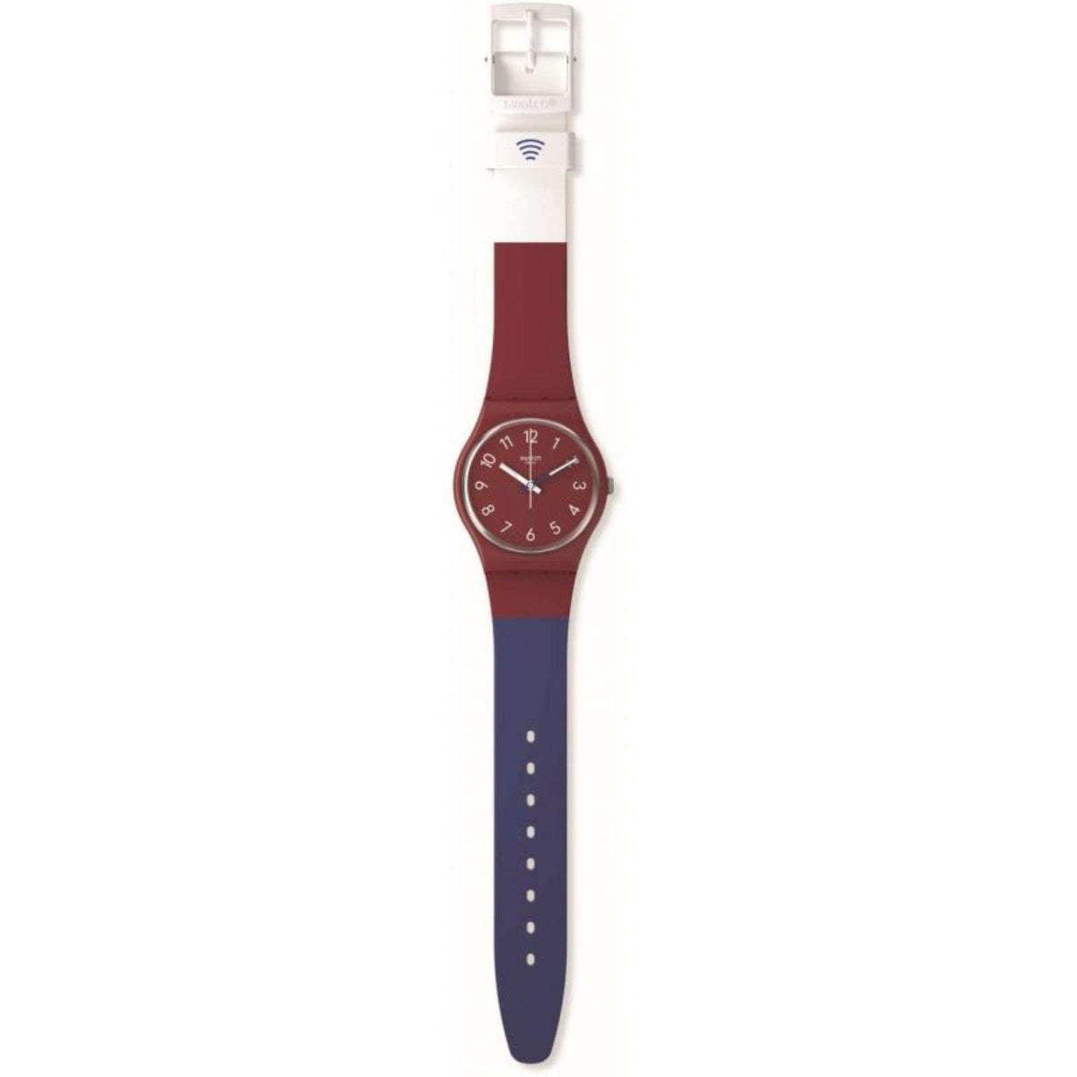 Red and navy silicone watch with round maroon dial and white strap buckle with icons