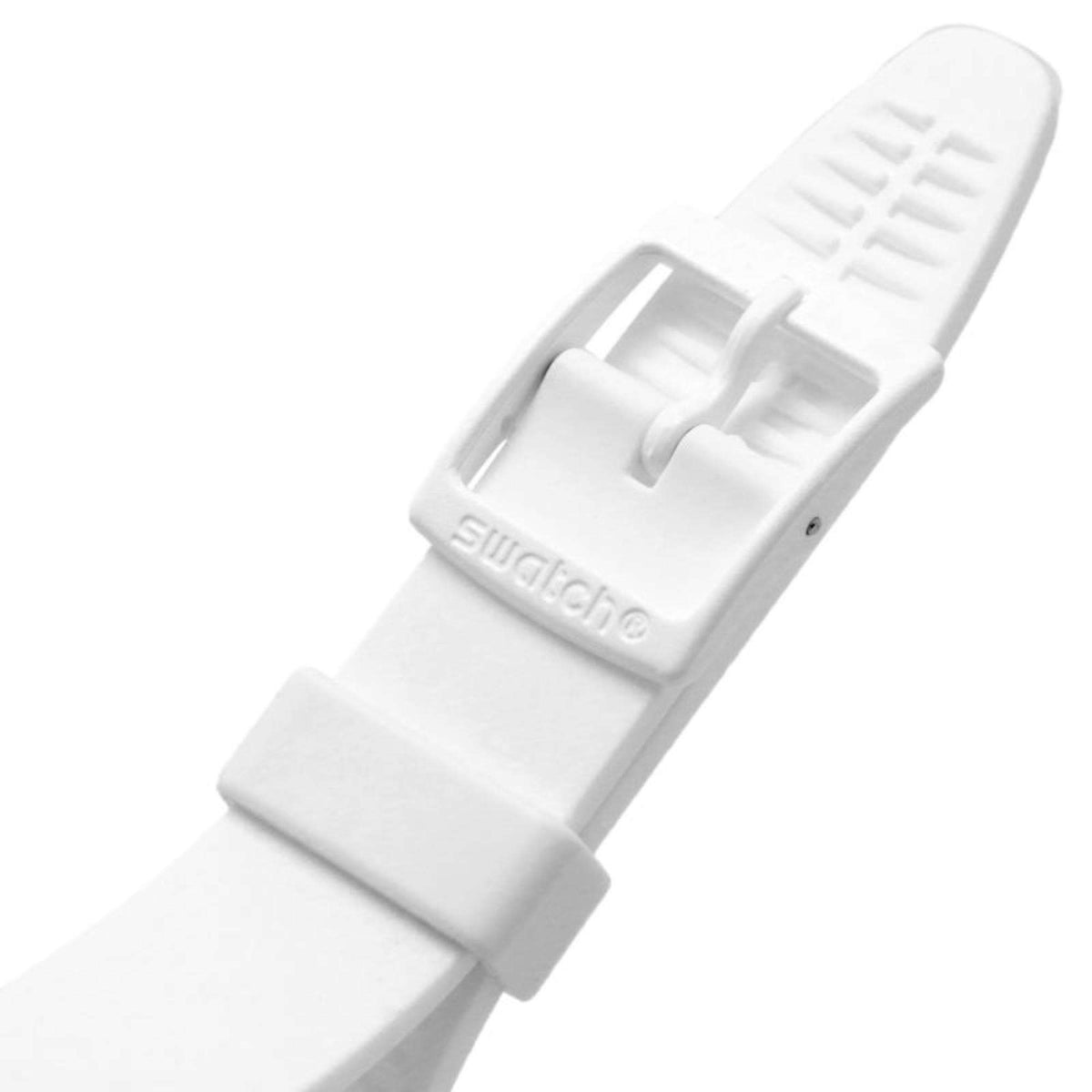 Swatch PUREST LOVE gent watch buckle and clasp on white silicone strap