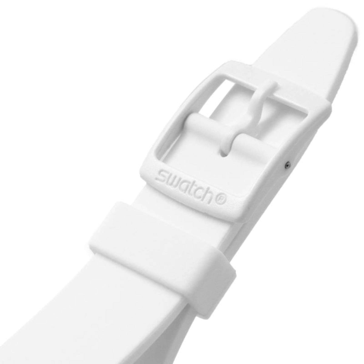 White Swatch watch buckle with strap underside visible