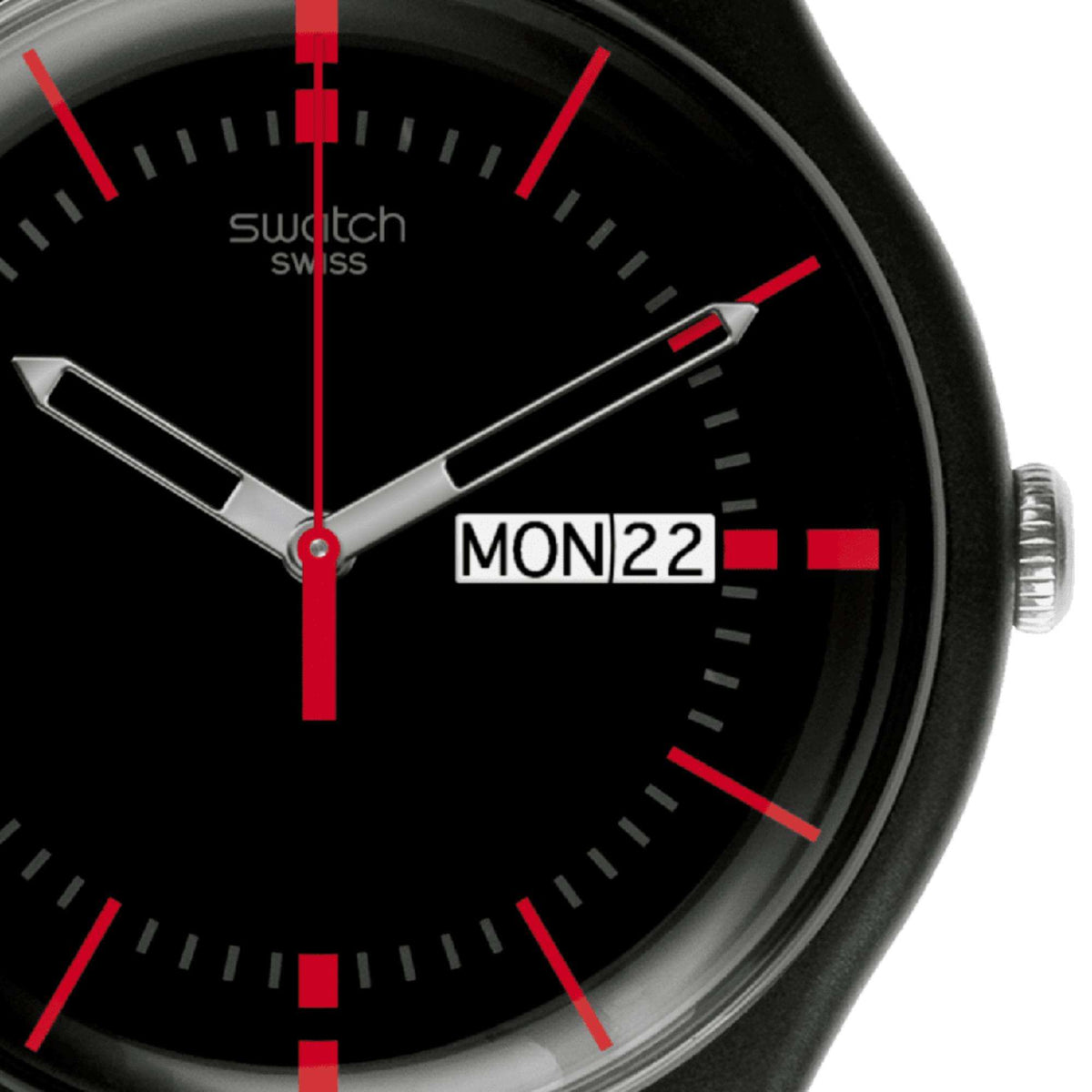 Swatch GAET AGAIN men's watch close-up: black dial with red markers and “MON 22” date