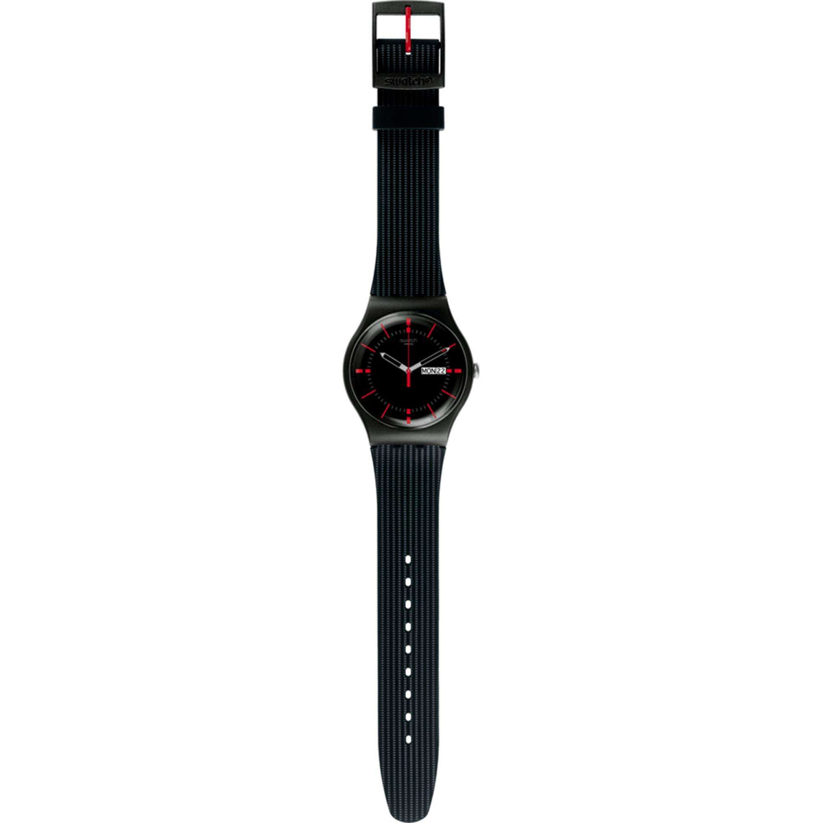 Swatch GAET AGAIN men's wrist watch side view with black textured strap and black case