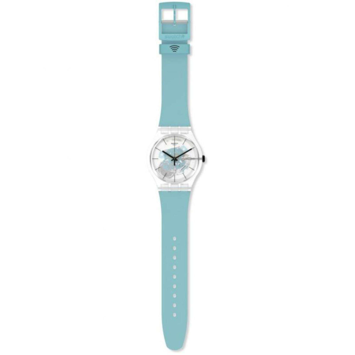 Swatch transparent dial silicone strap watch with light blue strap and clear case