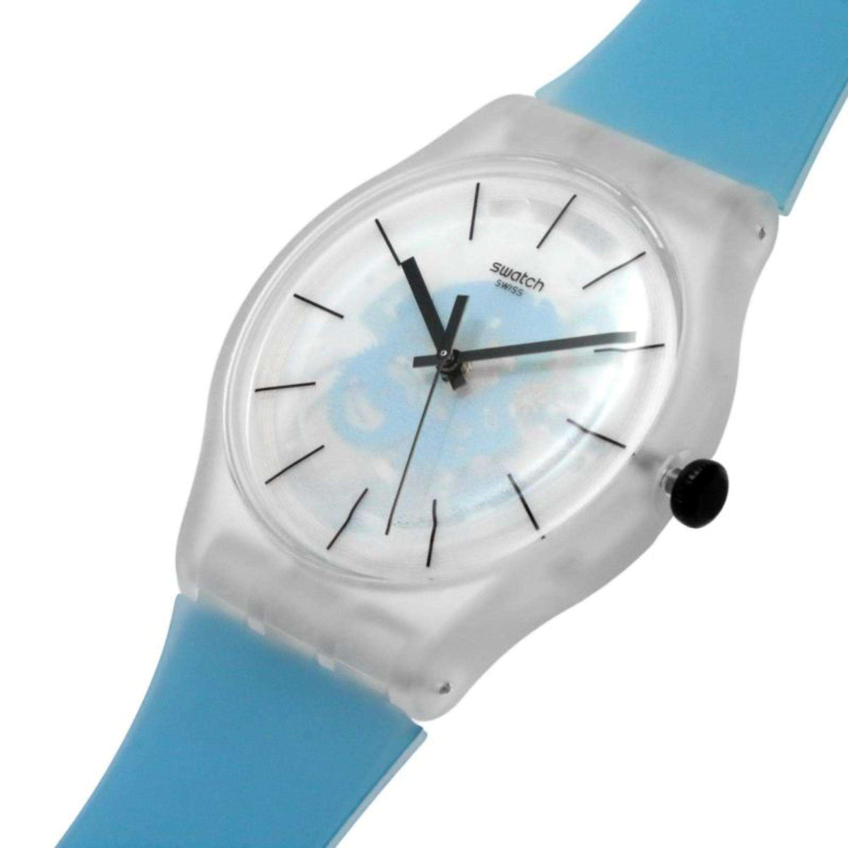 Swatch silicone strap watch close-up: clear case, light blue dial, black hands