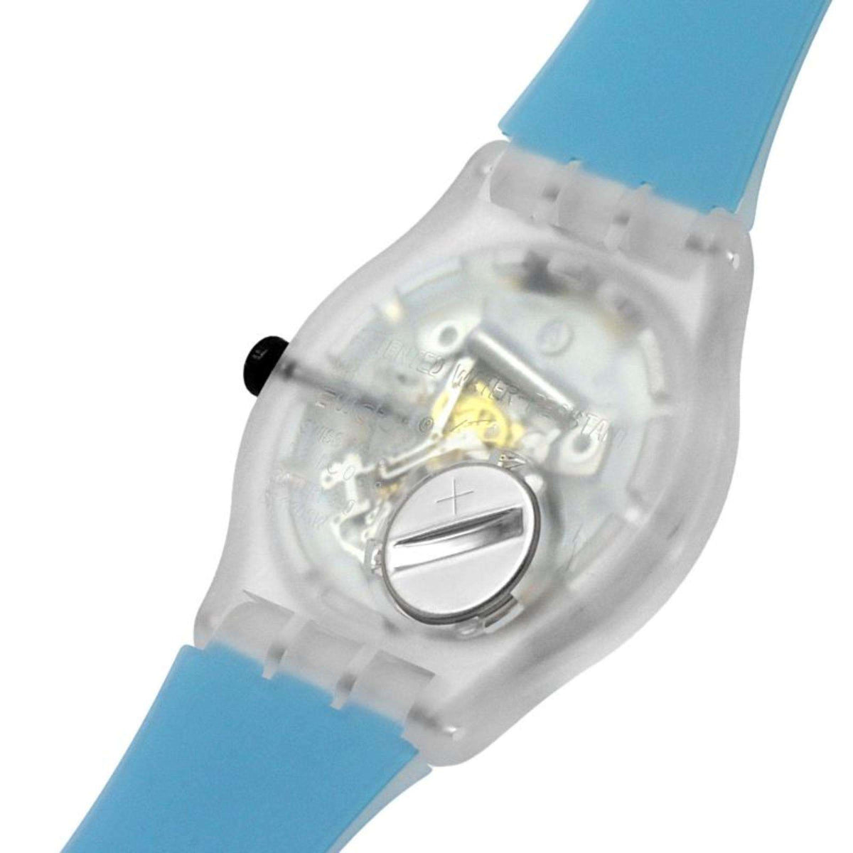 Swatch watch back view: clear case with light blue silicone strap and round crown